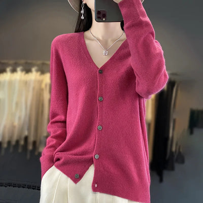 Spring Autumn Women 100% Merino Wool Cardigan Soft V-Neck Cashmere Sweater Buttoned Knitwear Casual Clothing Korean Style Shirt