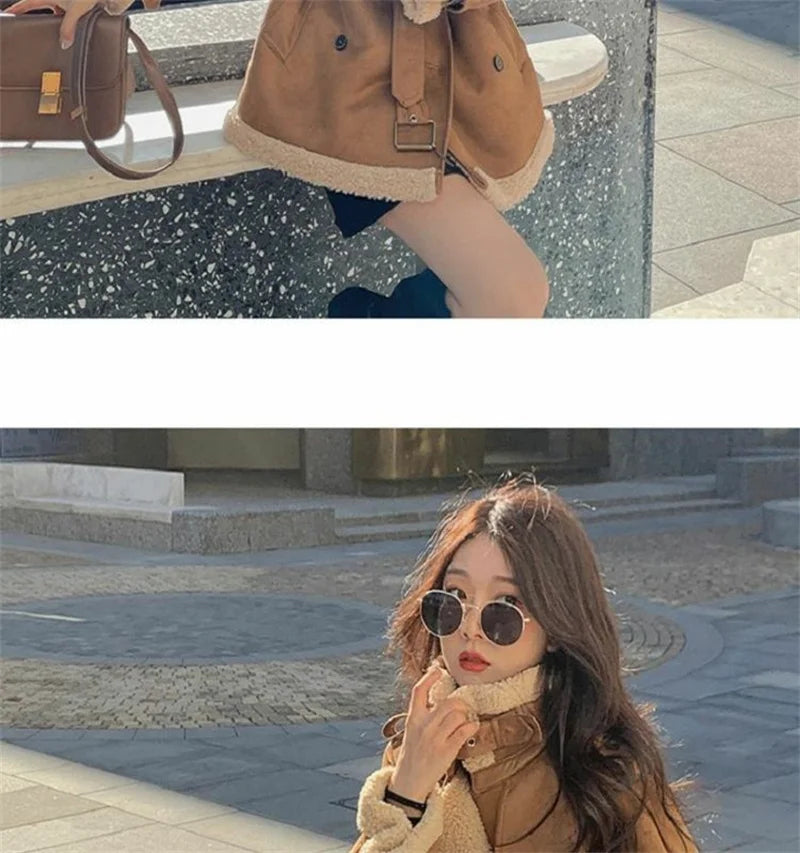 2024 Autumn Winter New Medium Long Double-breasted Lambswool Suede Woolen Coat Women Add Velvet Padded Warm Fur One Woolen Coats