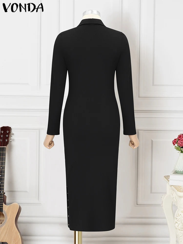 Plus Size 5XL VONDA 2025 Women Knitted Dress Sexy Long Sleeve Split Long Dress Lapel Collar Sundress Casual Robe Solid Vestidos
