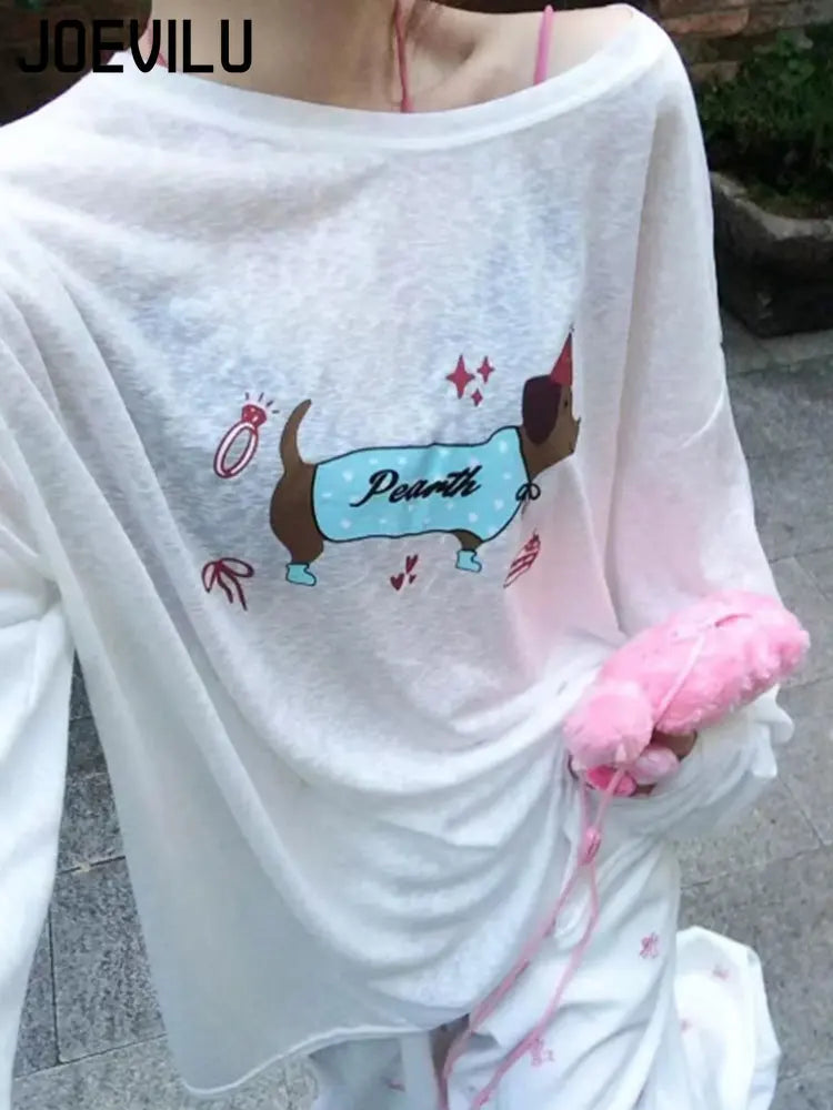 Women's Summer White Sheer Dachshund Print Loose Slim-Fit Long Sleeve T-Shirt Sun Protection Cover-Up Sweet Sexy Casual Lazy Top