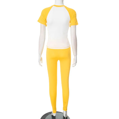 Weird Puss Casual Sporty 2 Piece Set Women Contrast Patchwork Short Sleeve T-Shirts+Skinny Stretch Sweatpants Simple Tracksuits