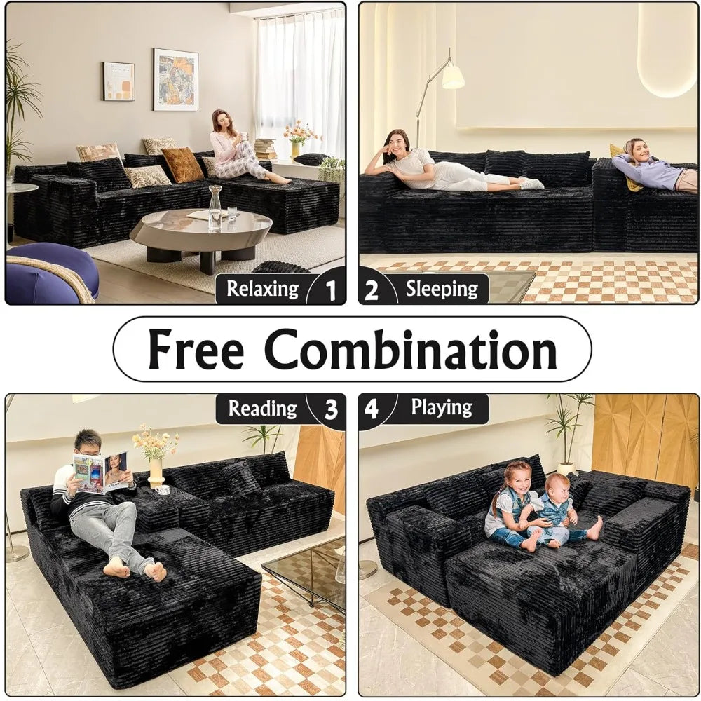 104" Black Corduroy L-Shaped Sectional | Cloud Sofa • Deep Seat • No Assembly | Modern Modular Living Room