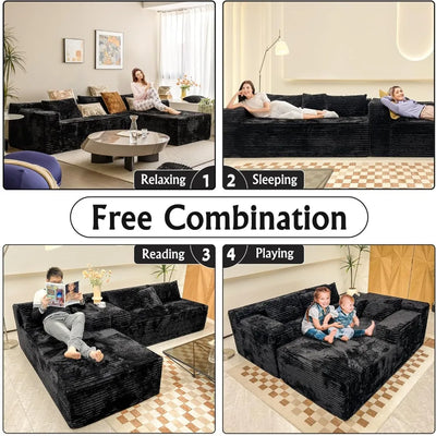104" Black Corduroy L-Shaped Sectional | Cloud Sofa • Deep Seat • No Assembly | Modern Modular Living Room