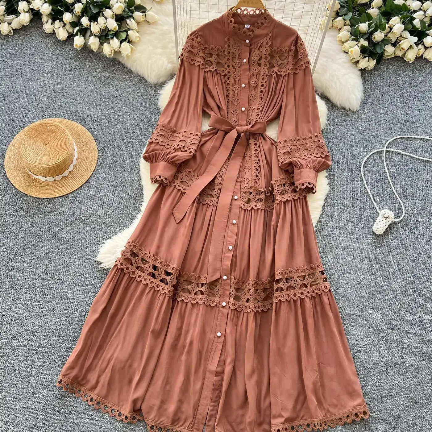 Elegant Long Maxi Hollow Out Dress Shirt Women Summer Autumn Palace Retro Pearl Button Embroidery Crochet Evening Party Vestidos