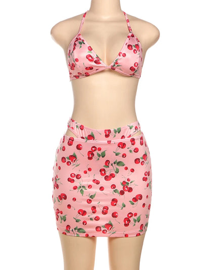 Nibber Vacation Hottie Sexy 3 Piece Set Women Summer Cherry Print Halter Bra+Thong+Skirts Beach Party Clubwear Matching Suit