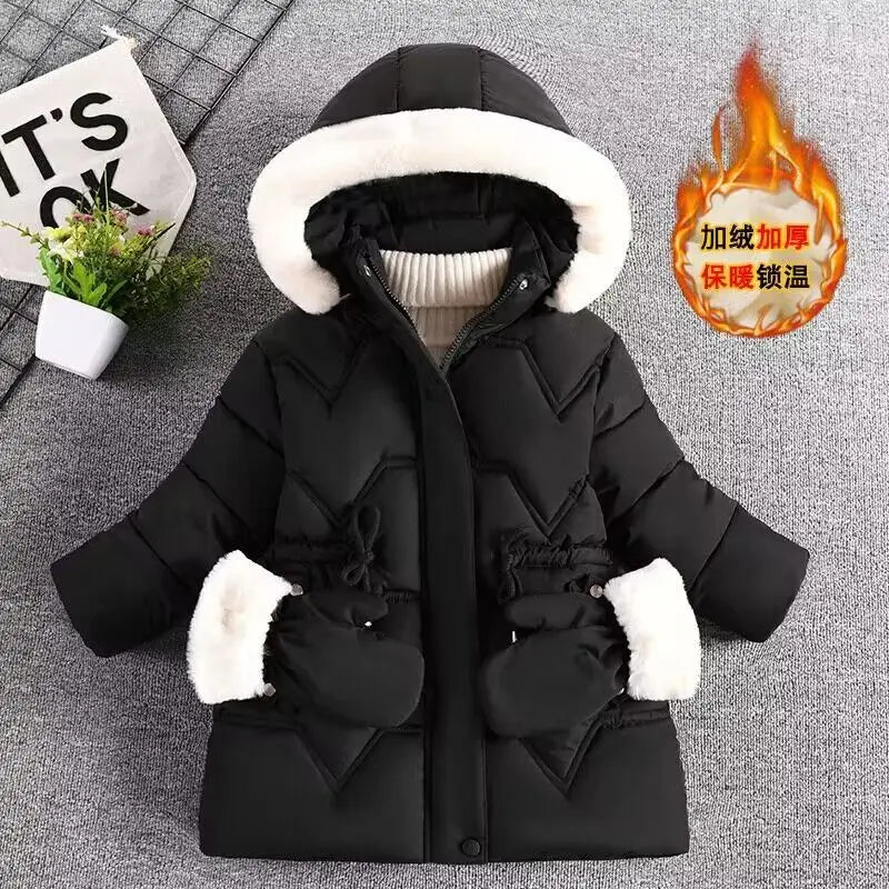2-8 Years Warm Winter Girls Jacket Fur Collar Removable Hat Plush Lining Heavy Hooded Kids Coat Children Outerwear Send Gloves
