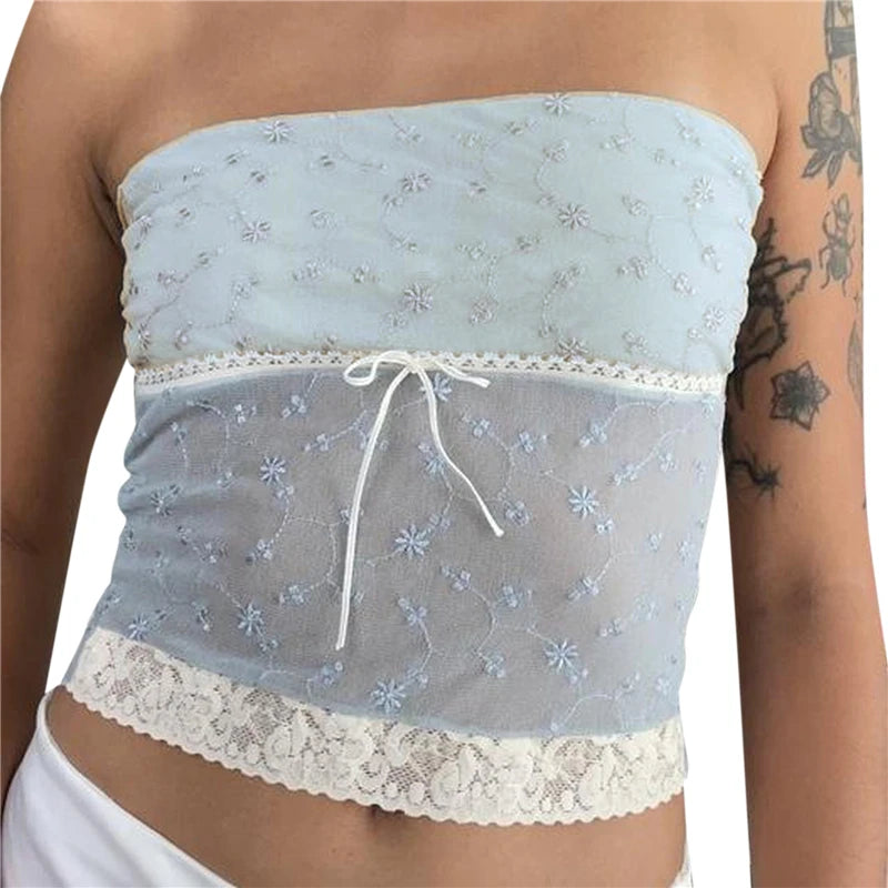 Xingqing y2k Off Shoulder Top Women Fairy Grunge Clothes Summer Sleeveless Lace Trim Patchwork Strapless Tshirt 2000s Streetwear
