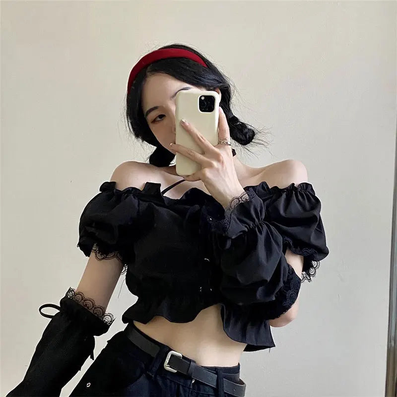 Women's Removable Sleeve T-shirt Drawstring Off Shoulder Crop Top Vintage Shirt Dark Style Harajuku Goth Tee Spring Y2k