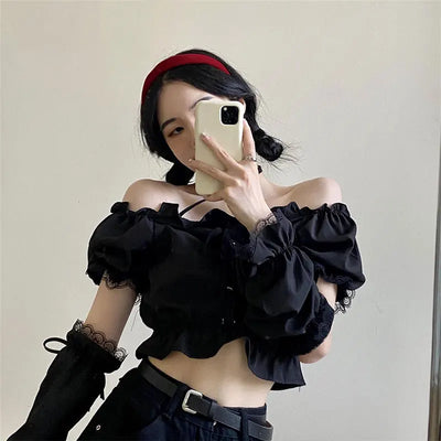 Women's Removable Sleeve T-shirt Drawstring Off Shoulder Crop Top Vintage Shirt Dark Style Harajuku Goth Tee Spring Y2k