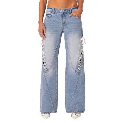 Women's Spring Summer Baggy Pants Mid Waist Loose Side Bandage Wide Leg Denim Pants