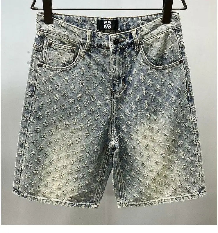 American Y2K Light Luxury Quality Retro Denim Shorts Summer Hip Hop INS Men Loose Shave Jacquard Couple Denim Five Point Pants