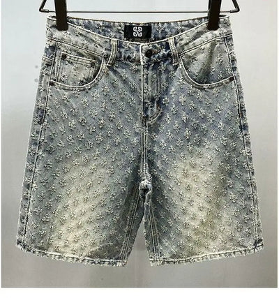 American Y2K Light Luxury Quality Retro Denim Shorts Summer Hip Hop INS Men Loose Shave Jacquard Couple Denim Five Point Pants