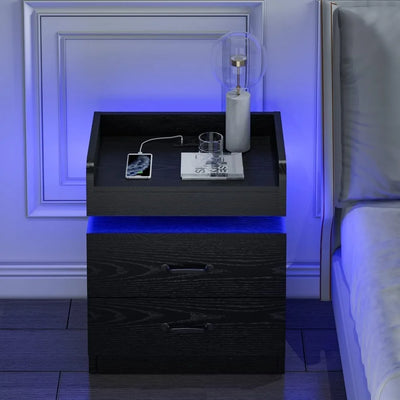 Black Nightstand with Charging Station, Night Stand with LED Lights, Modern Led End Table, Nightstand for Bedroom