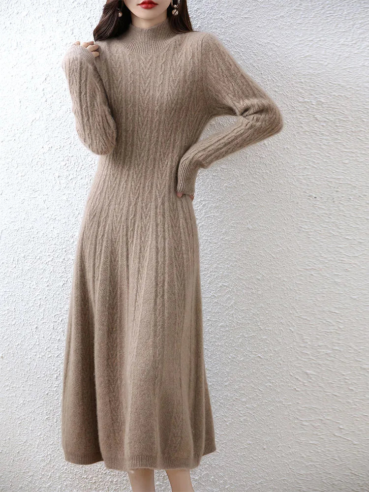 Elegant Fashion Dresses Cashmere Sweater Knitted Long Dress 100% Merino Wool Women Turtleneck Office Skirt Autumn Winter Clothes