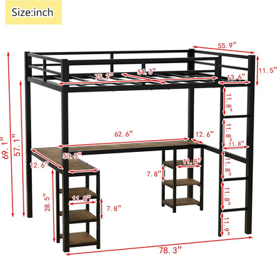 Full Size Loft Bed With Desk And Storage Shelves, Heavy Duty Loft Bed With Desk And Ladder, Full Size Loft Bed For Kids,