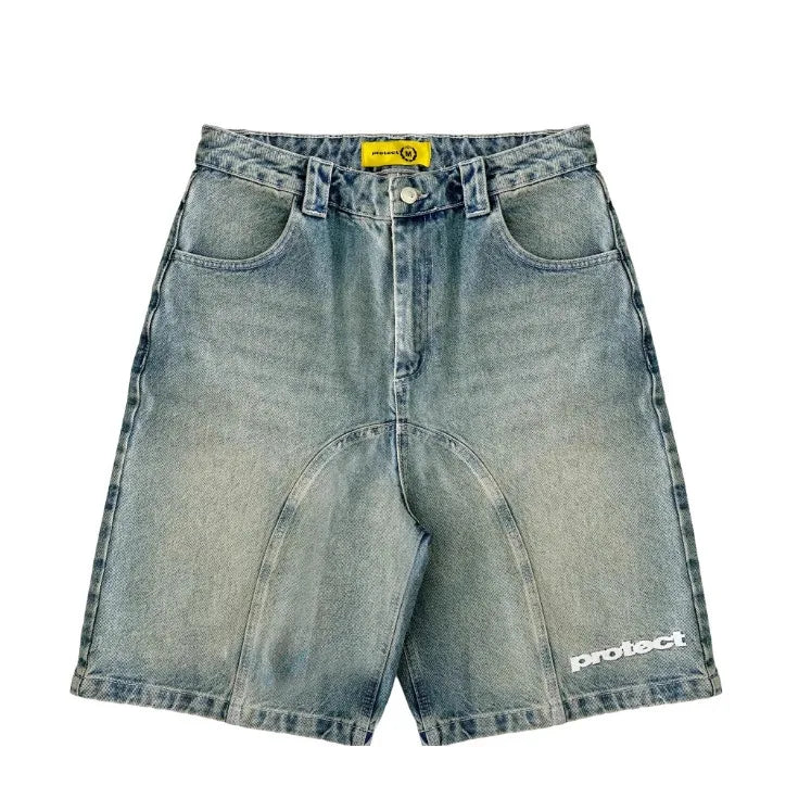 American New Letter Pattern Embroidered Denim Shorts Y2K Men's Street Retro Washed Old Trend Gothic Denim Sweatpants Street Wear