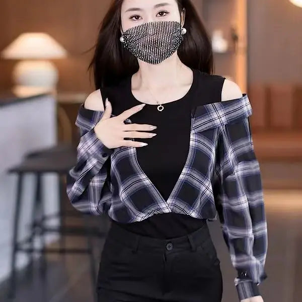 Fake Two Pieces Chiffon Silk Blouse for Women Off Shoulder Top Cool Blue Stripe Cotton Satin Shirt Woman Particular Trends Youth