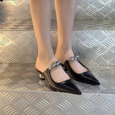 Punk Gothic Metal Buckle Low Heels Sandals Women 2025 New Pointed Toe Thick Heeled Summer Slippers Woman Platform Muller Shoes