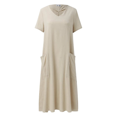 2024 Summer Dresses Qutfits Causal Dress Short Sleeved Cotton Linen V Neck Dress With Pocket Loose Comfy Dresses Vestidos