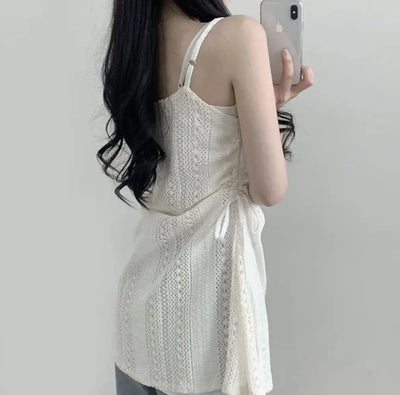 Hot Girl Korean Style Drawstring Lace-up Waist Lace Short Suspender Dresses + White Inner Wear Bottoming Sling Top Two-piece Set