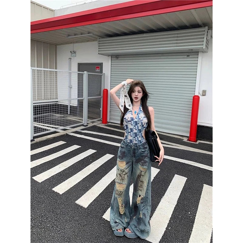 Y2K Ripped Jeans Women Vintage Streetwear Hole Wide Leg Denim Pants Harajuku Aesthetic Gyaru Baggy Design Straight Trousers New