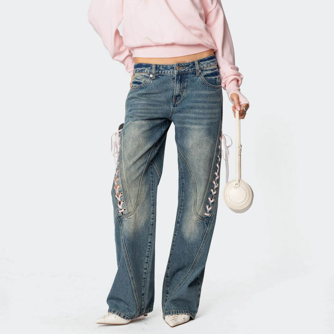 Women's Spring Summer Baggy Pants Mid Waist Loose Side Bandage Wide Leg Denim Pants