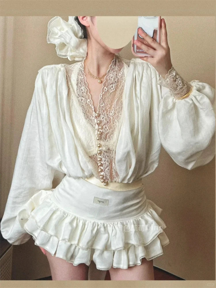 Korean Fashion Elegant Prom Summer Long Sleeve Dress Mini Skirt Two Piece Set Woman Solid Lace Chic Office Format 2025 New