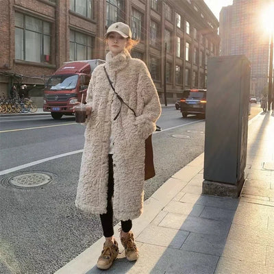 Lamb Wool Long Jackets Women Winter Warm Stand Collar Loose Fur Outerwear Y2K Korean Fashion Long Sleeve All Match Fake Fur Coat