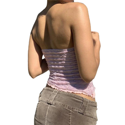 Xingqing y2k Off Shoulder Top Women Fairy Grunge Clothes Summer Sleeveless Lace Trim Patchwork Strapless Tshirt 2000s Streetwear