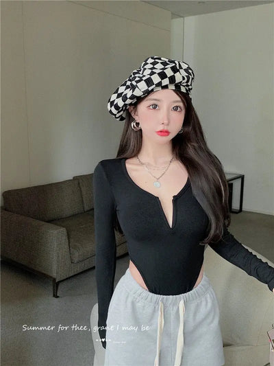 Women's Slim Bodysuit Sexy Solid Color Long Sleeve T-shirt Korean Skinny Top Club Party Festival Outfit Black Gothic One-pieces