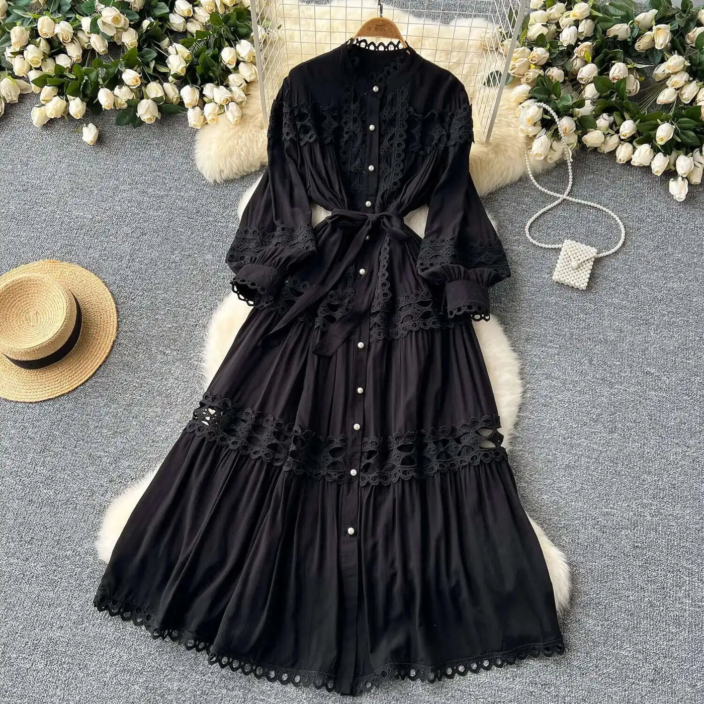 Elegant Long Maxi Hollow Out Dress Shirt Women Summer Autumn Palace Retro Pearl Button Embroidery Crochet Evening Party Vestidos
