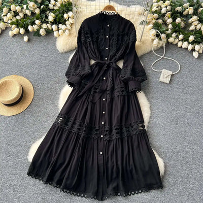 Elegant Long Maxi Hollow Out Dress Shirt Women Summer Autumn Palace Retro Pearl Button Embroidery Crochet Evening Party Vestidos