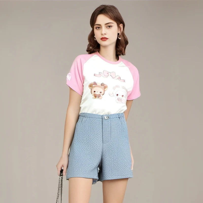 Y2k women clothing Rabbit Cute Pink Kawaii T-shirt Patchwork Short Sleeve Tops 2024 Loose Harajuku Subculture Chic Sweet Tees