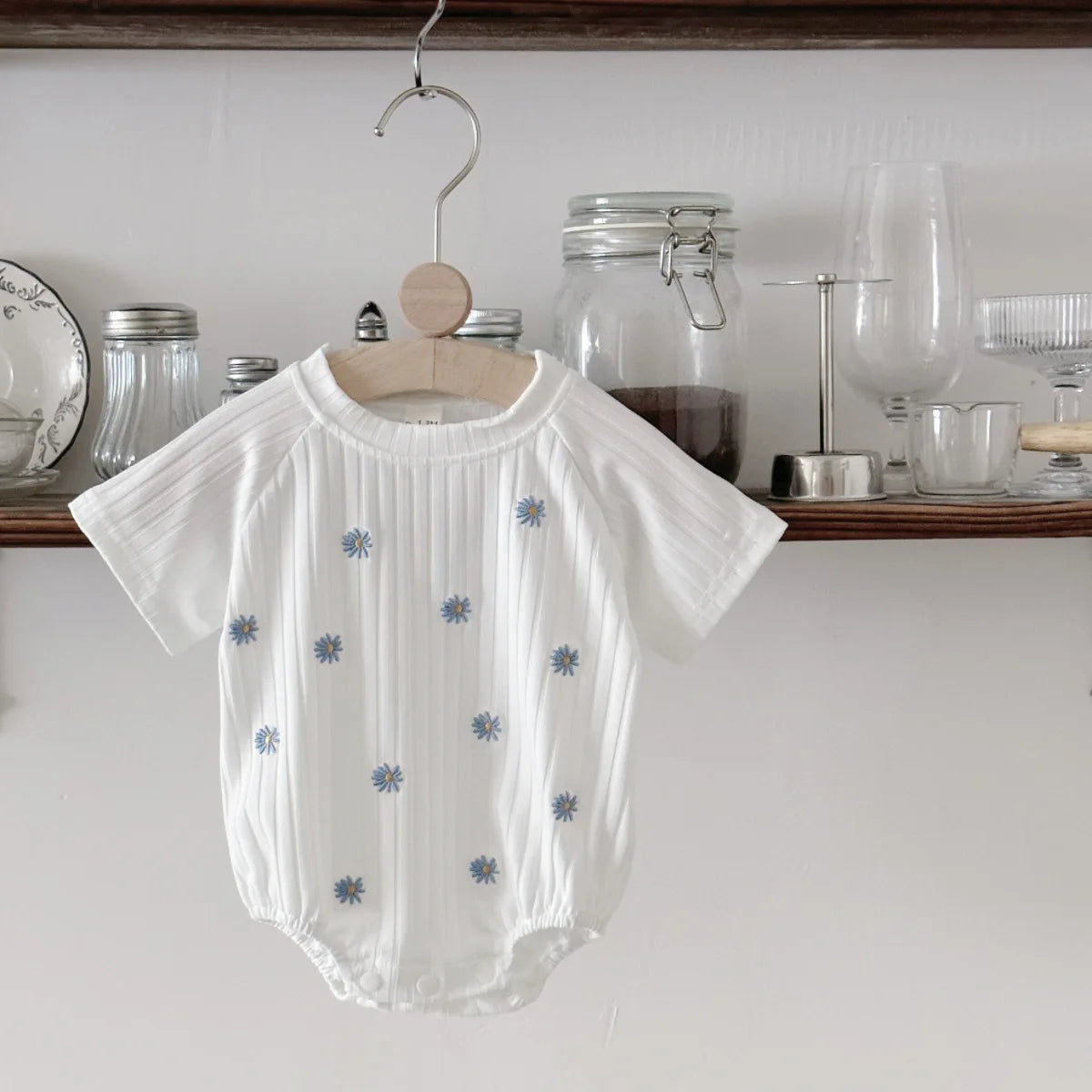 Summer New Newborn Baby Girl Clothes Summer Romper Short-Sleeved Home Clothing Jumpsuit Flower Embroidery Toddler Bodysuit