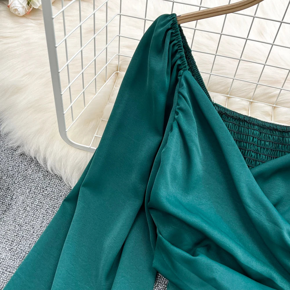 Chic Puff Long Sleeve Criss-cross Slim Blouse Korean Fashion Pleated Crop Top Sexy Shirt Hotsweet Spring Autumn Women Clothes