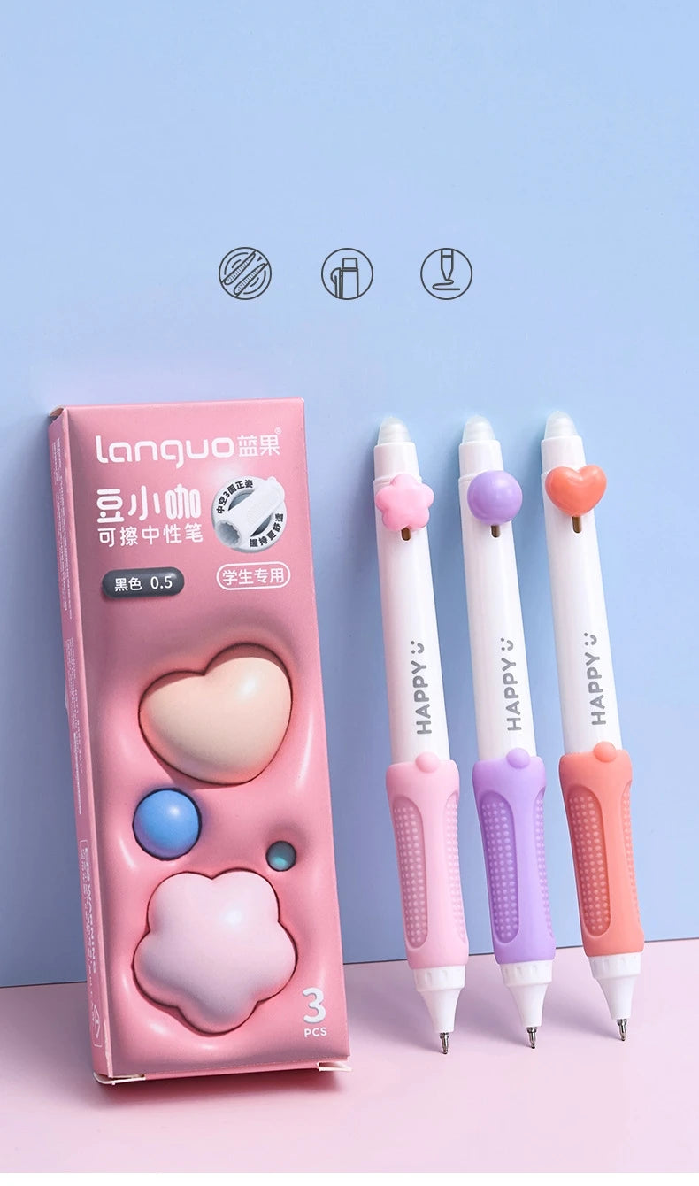 3pcs Happy Beans Gel Pens Set Ergonomical Triangle Grip Erasable Black Color Ink 0.5mm Ballpoint for Writing School A7682