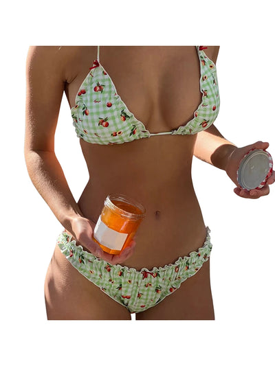 2 Pcs Swimsuit Women's Fruit Print Halter Bra with Low Waist Lettuce Edge Trim Thong Summer Bikini Set