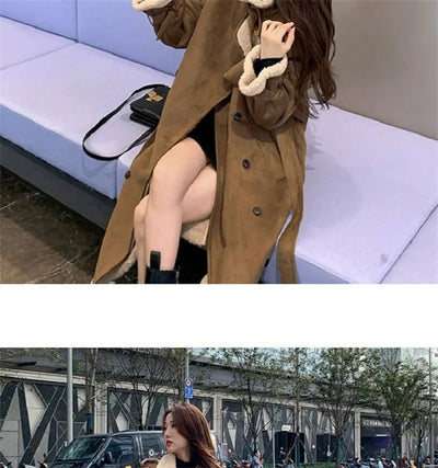 2024 Autumn Winter New Medium Long Double-breasted Lambswool Suede Woolen Coat Women Add Velvet Padded Warm Fur One Woolen Coats