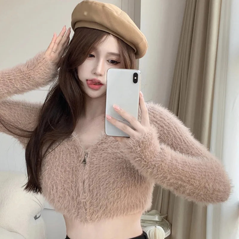 Women's Sweater Coat Top Knitted Cardigan Plush Off Shoulder Short Style Gentleness Mink Solid Color Zipper Design