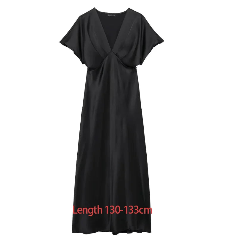 TRAF 2025 Woman Fashion Silk Texture Midi Dress Casual Slim Short Sleeve V Neck Midi Long Dresses Vestidos Mujer