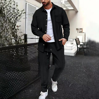 2025 Spring and autumn new men's daily casual waffle cardigan long-sleeved shirt two pants suit
