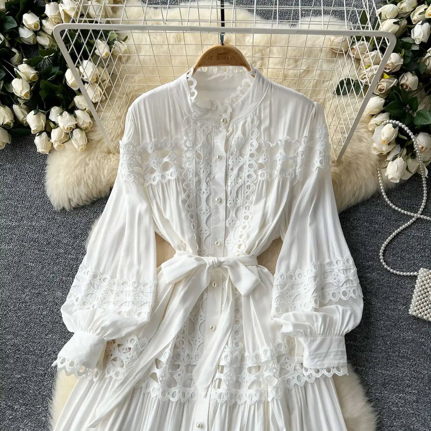 Elegant Long Maxi Hollow Out Dress Shirt Women Summer Autumn Palace Retro Pearl Button Embroidery Crochet Evening Party Vestidos