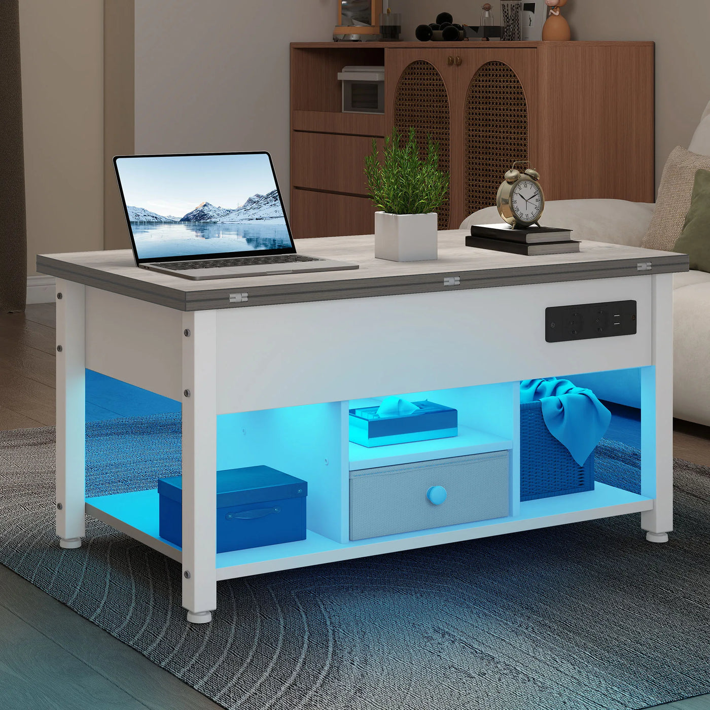 White & Grey 4-in-1 Coffee Table - Adjustable Height, Converts to Dining Table with Storage & LED Lighting