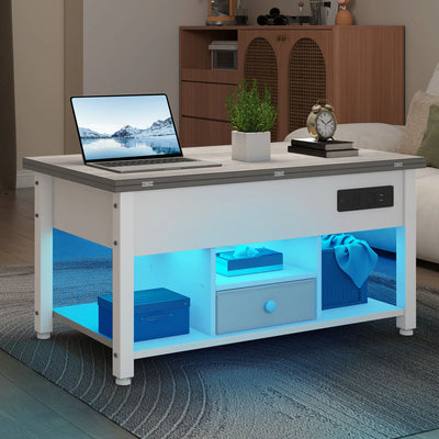 White & Grey 4-in-1 Coffee Table - Adjustable Height, Converts to Dining Table with Storage & LED Lighting