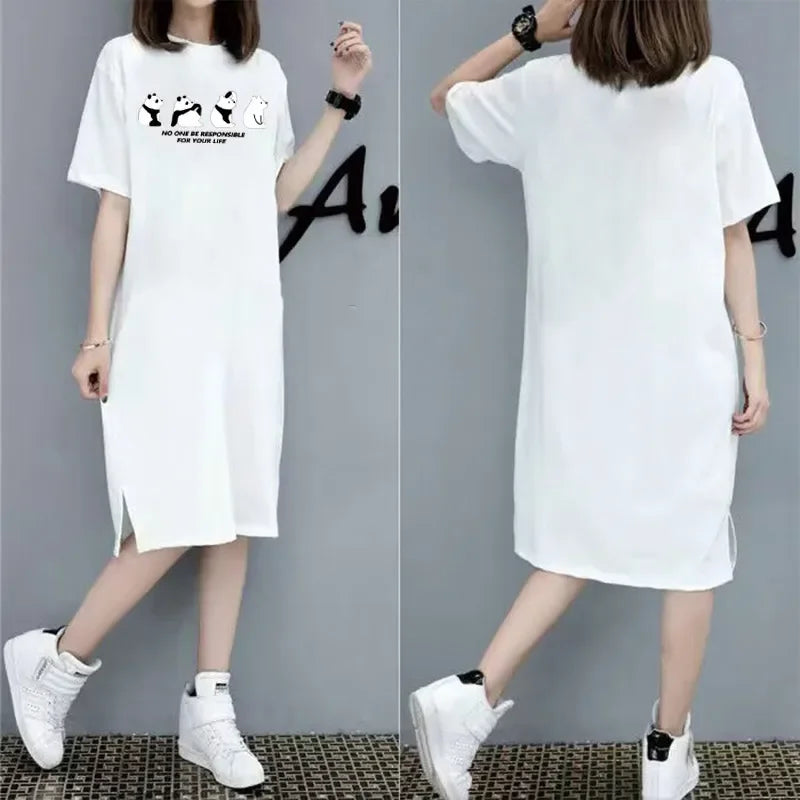 Childlike and cute four panda print short-sleeved dress for women summer and autumn new oversized loose round neck home dress