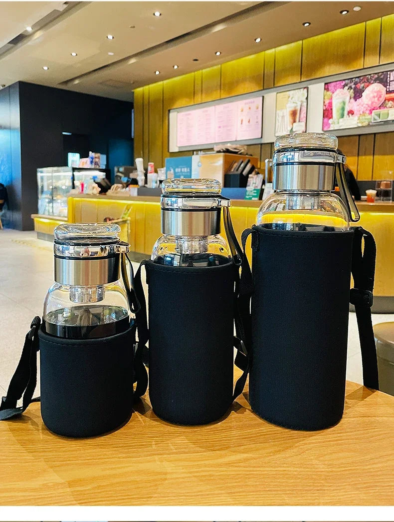 Sports Glass Water Bottle 2L Capacity Free Cup Cover (with Shoulder Strap)  Portable Leak-proof Drinking Stainless Steel Lid
