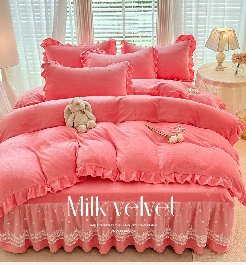 2024 hot solid color Korean version lace bed skirt kit flannel quilt cover thickened warm four-piece set
