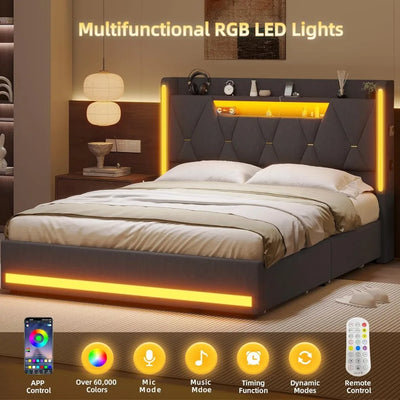 Full Size Bed Frame with Headboard and Openable Storage,Upholstered Platform Bed with 4 Drawers,Metal Bed Frame with