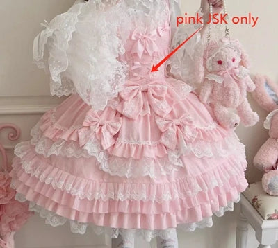 Original Lolita Dress Set Doll Feeling Girl Women's Sweet Jsk Suspender Dress Princess Fairy Lace Bow Sling Cake Dresses