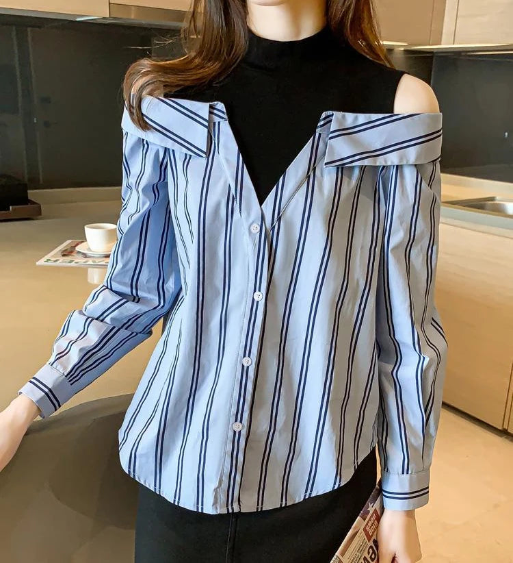 Fake Two Pieces Chiffon Silk Blouse for Women Off Shoulder Top Cool Blue Stripe Cotton Satin Shirt Woman Particular Trends Youth